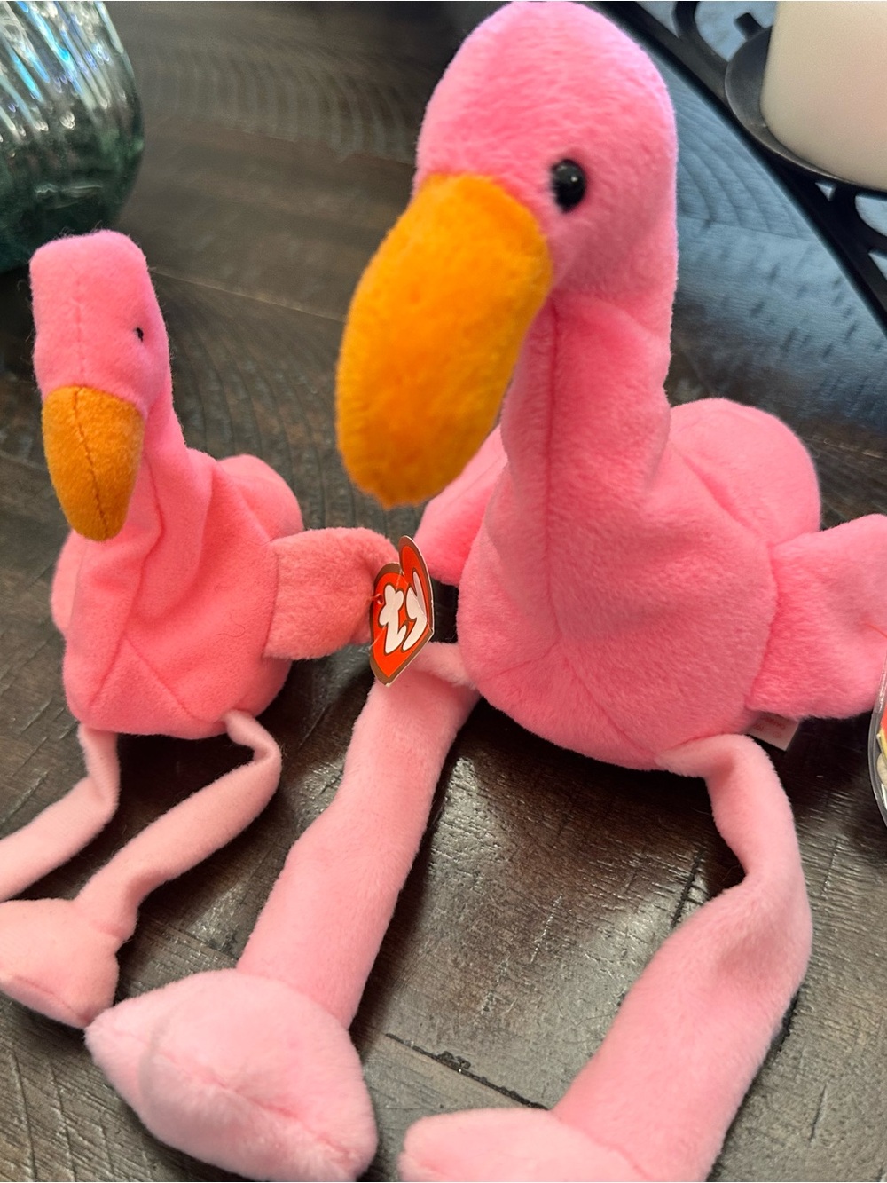 “Pinky” & “Teenie Pinky” Plush Flamingo Toy Pair in Bright Pink with Orange Beak